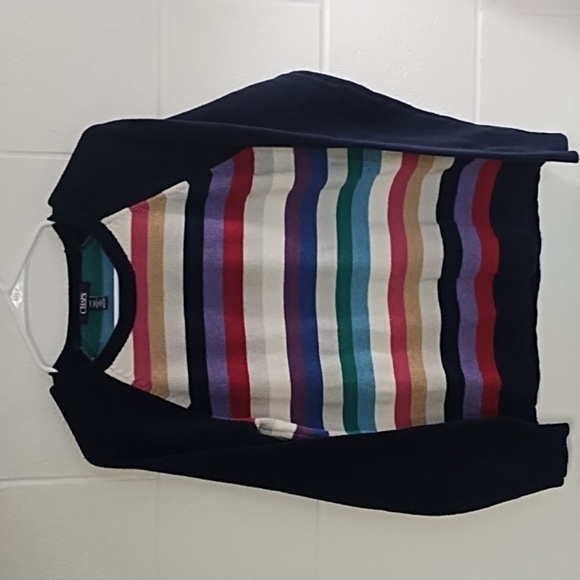 Cotton Blend Navy Raglan Sleeve Multi Stripe Crew Neck Mid-Weight Sweater - Picture 10 of 10